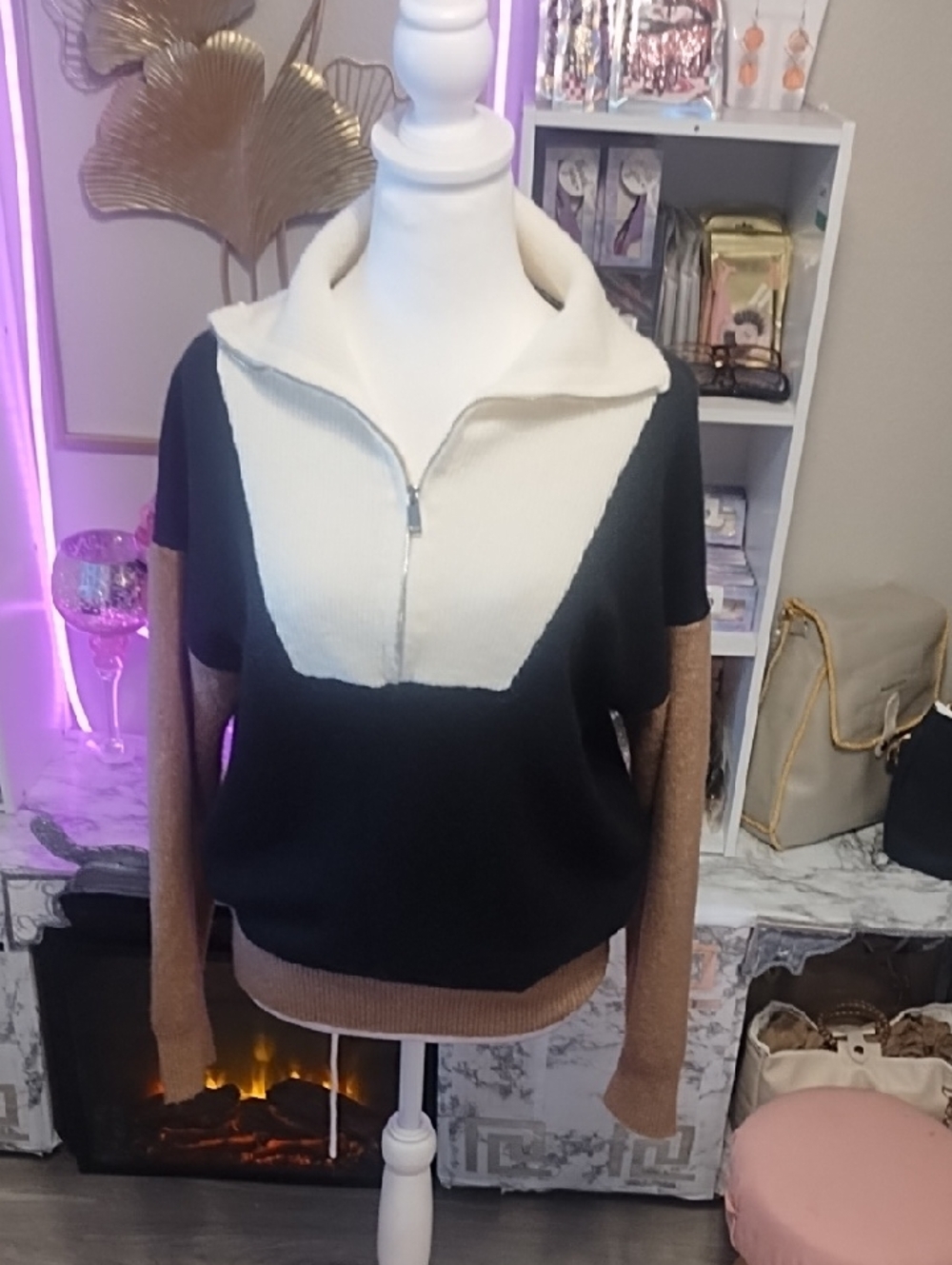 Blu Pepper Black, Cream & Brown Colorblock Half-Zip Cowl Sweater